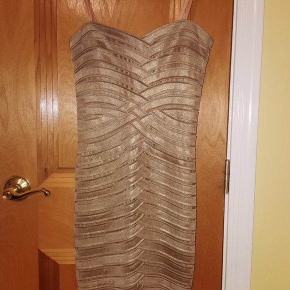 EUC BCBG Max Azria Strapless Gold Bandage Dress - Picture 3 of 6